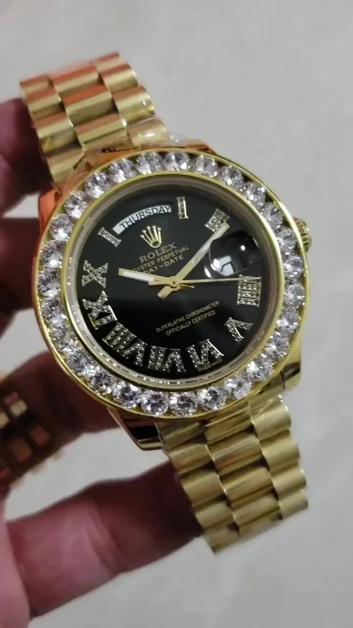 black Rolex Day-Date Gold Diamond Bezel