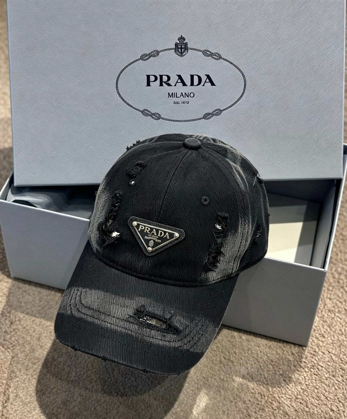 Prada Washed Distressed Triangle Logo Baseball Cap